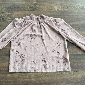 Aritzia Wilfred Smocked Chiffon Floral Blouse Turtleneck
